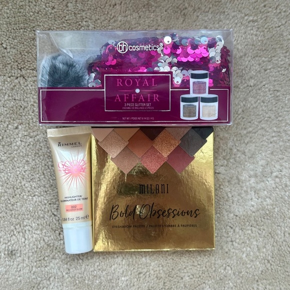 NWT Makeup Bundle-Milani Eyeshadow Palette, BH Cos Glitter x3 & Rimmel Highlight - Picture 1 of 13